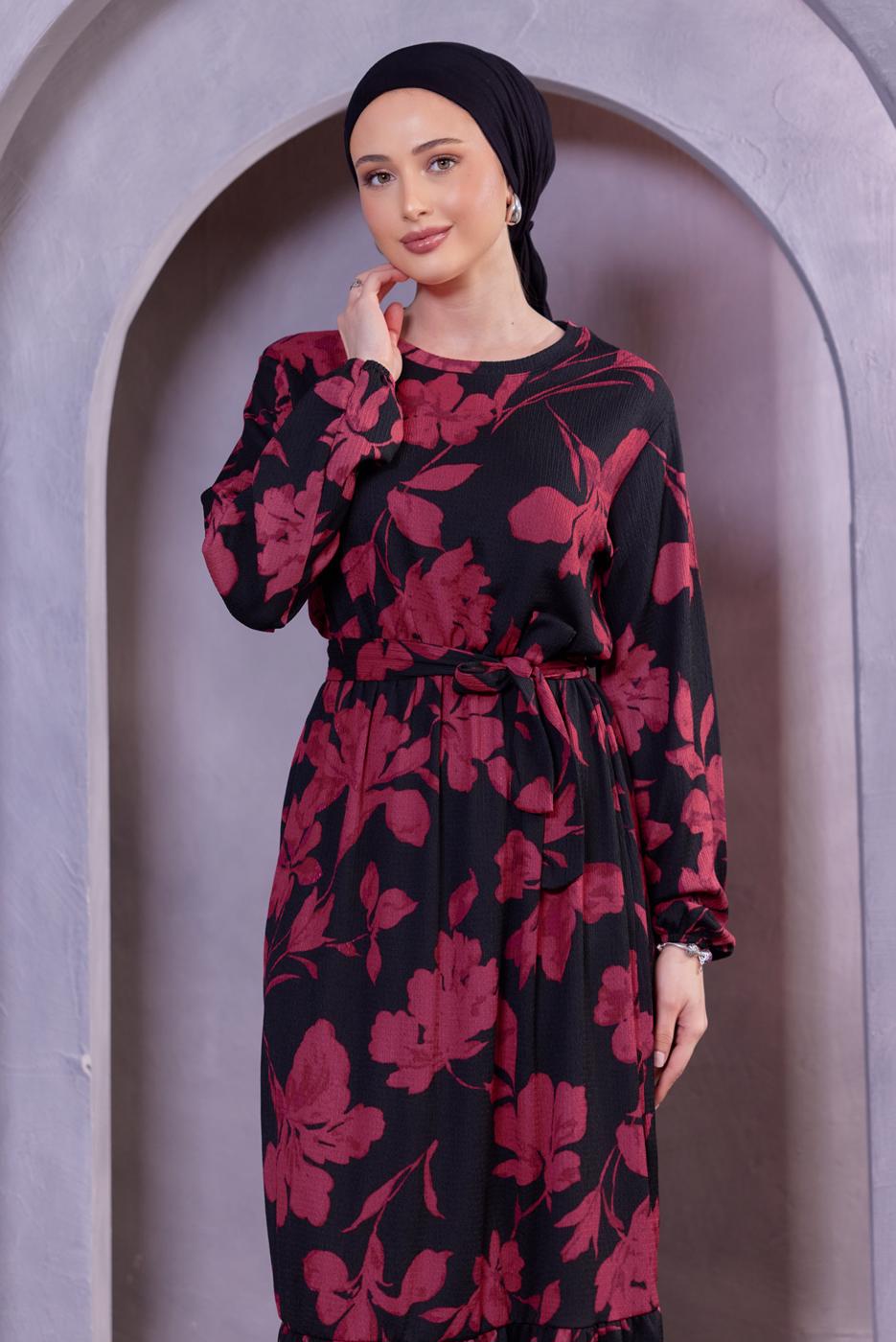 Tesettür giyim FUŞYA KUŞAKLI ÇİÇEK DESENLİ ELBİSE T 4593