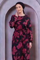 Tesettür giyim FUŞYA KUŞAKLI ÇİÇEK DESENLİ ELBİSE T 4593