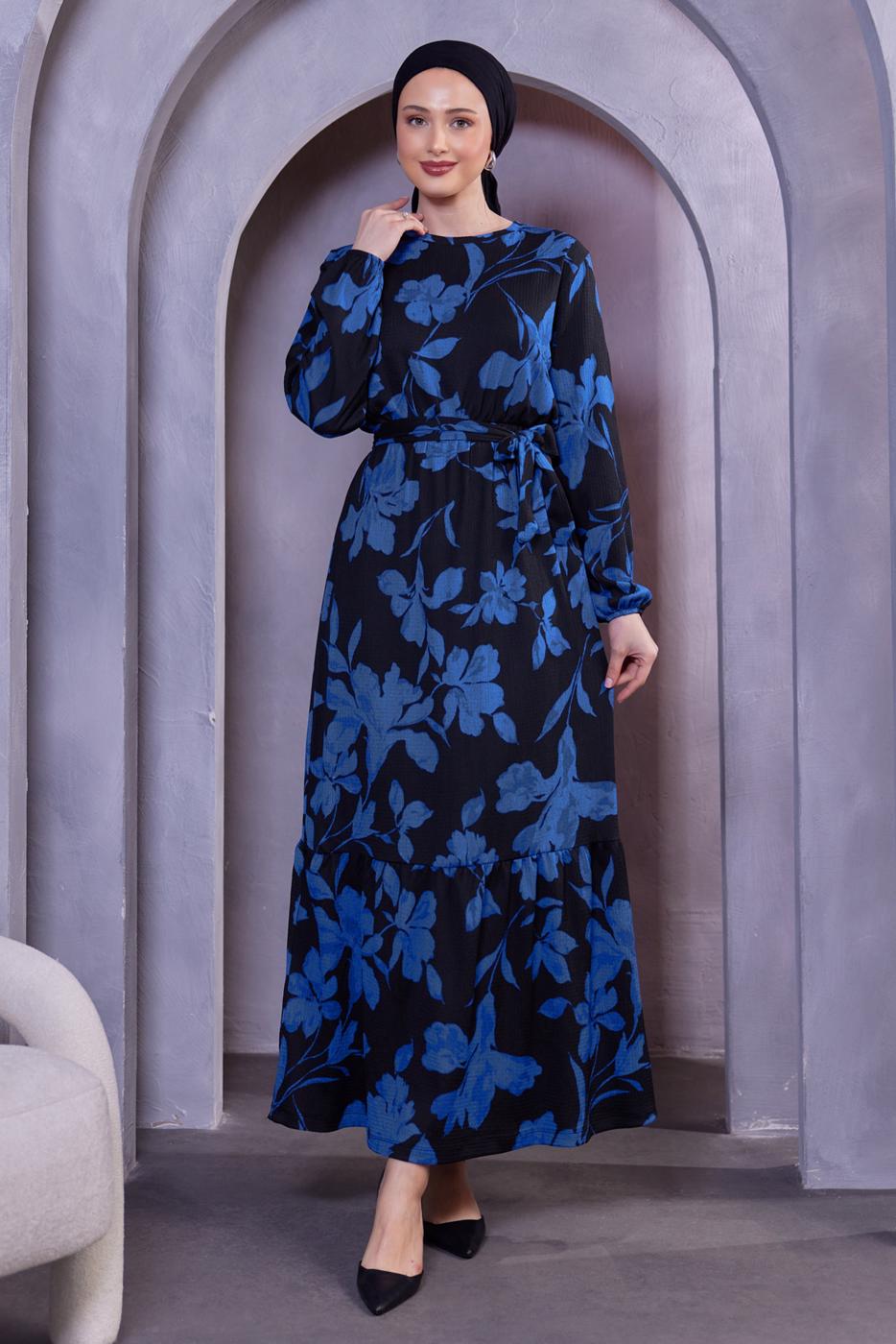 Tesettür giyim LACİVERT KUŞAKLI ÇİÇEK DESENLİ ELBİSE T 4593