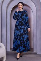 Tesettür giyim LACİVERT KUŞAKLI ÇİÇEK DESENLİ ELBİSE T 4593