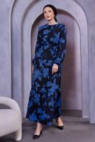 Tesettür giyim LACİVERT KUŞAKLI ÇİÇEK DESENLİ ELBİSE T 4593