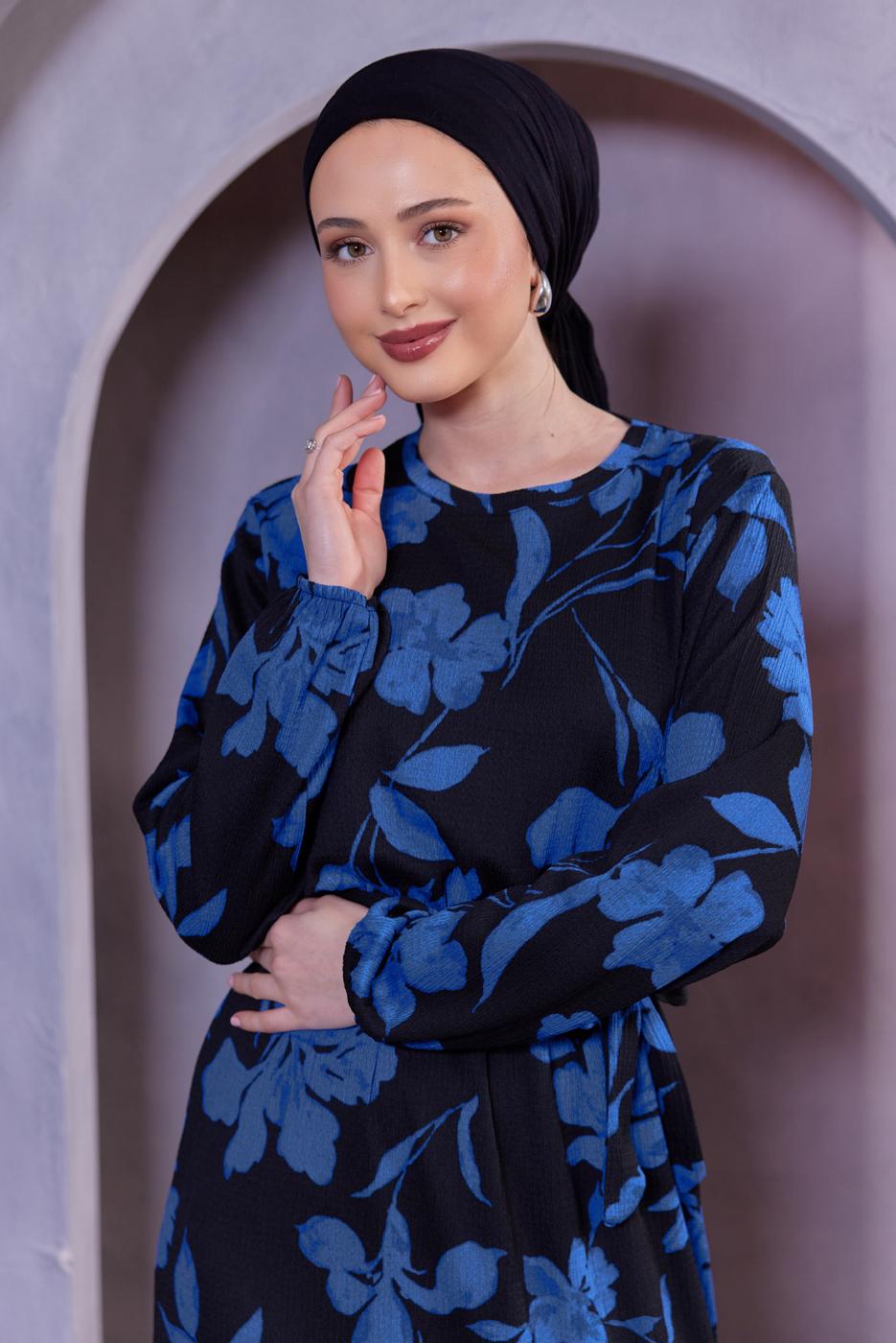 Tesettür giyim LACİVERT KUŞAKLI ÇİÇEK DESENLİ ELBİSE T 4593