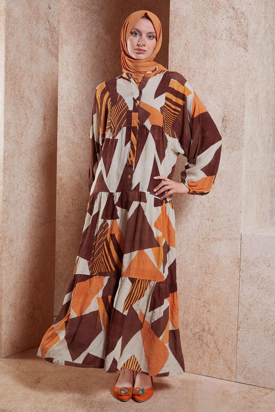 Tesettür giyim KAHVE DESENLİ VİSKON TESETTÜR ELBİSE T 4619
