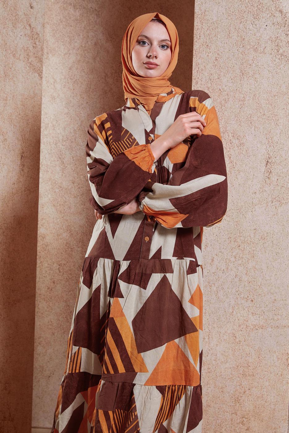 Tesettür giyim KAHVE DESENLİ VİSKON TESETTÜR ELBİSE T 4619