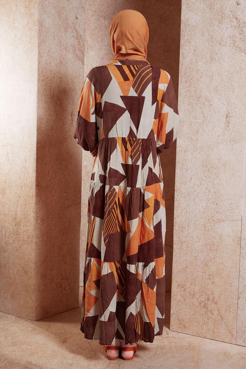 Tesettür giyim KAHVE DESENLİ VİSKON TESETTÜR ELBİSE T 4619