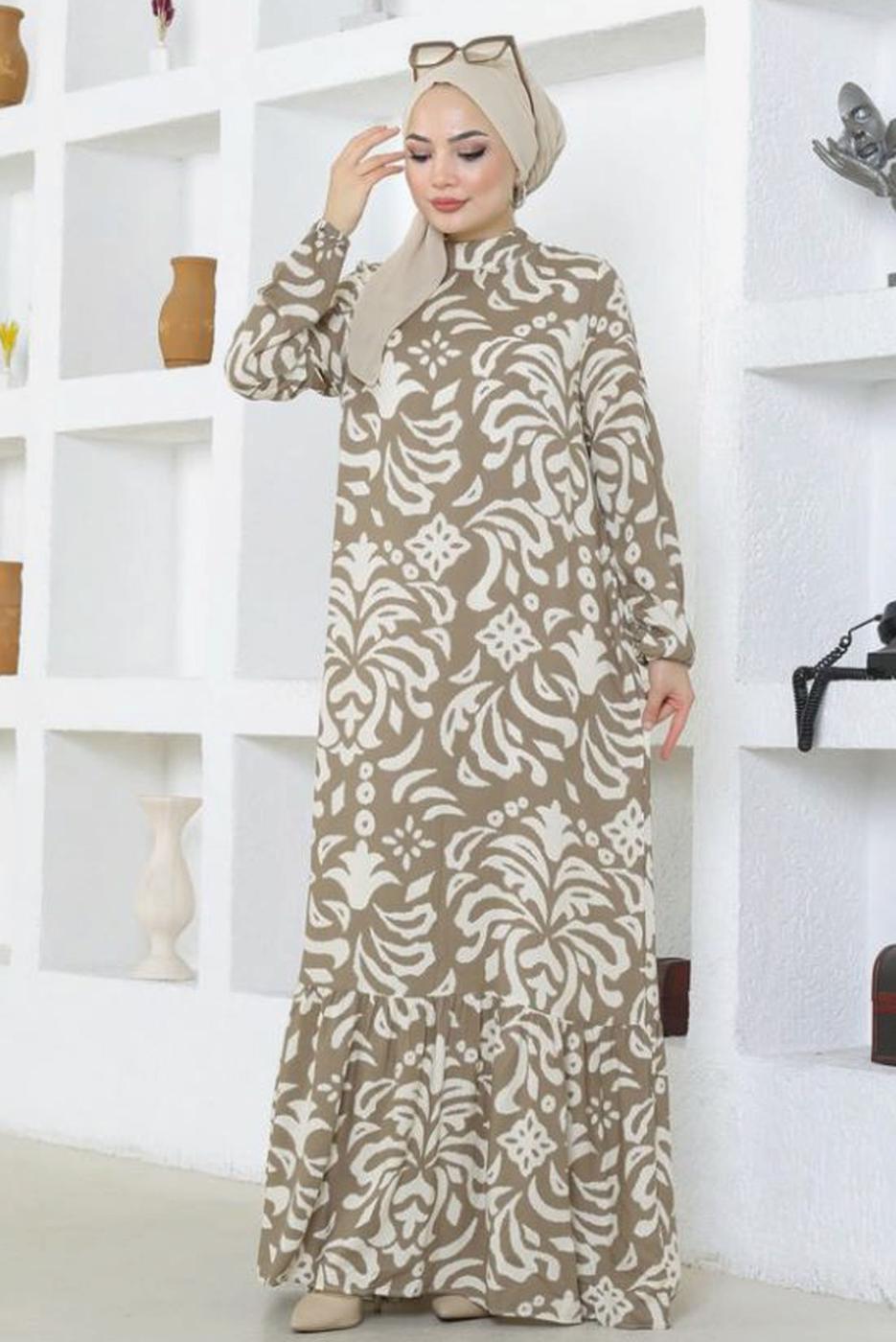 Tesettür giyim VİZON DESENLİ VİSKON ELBİSE T 4651