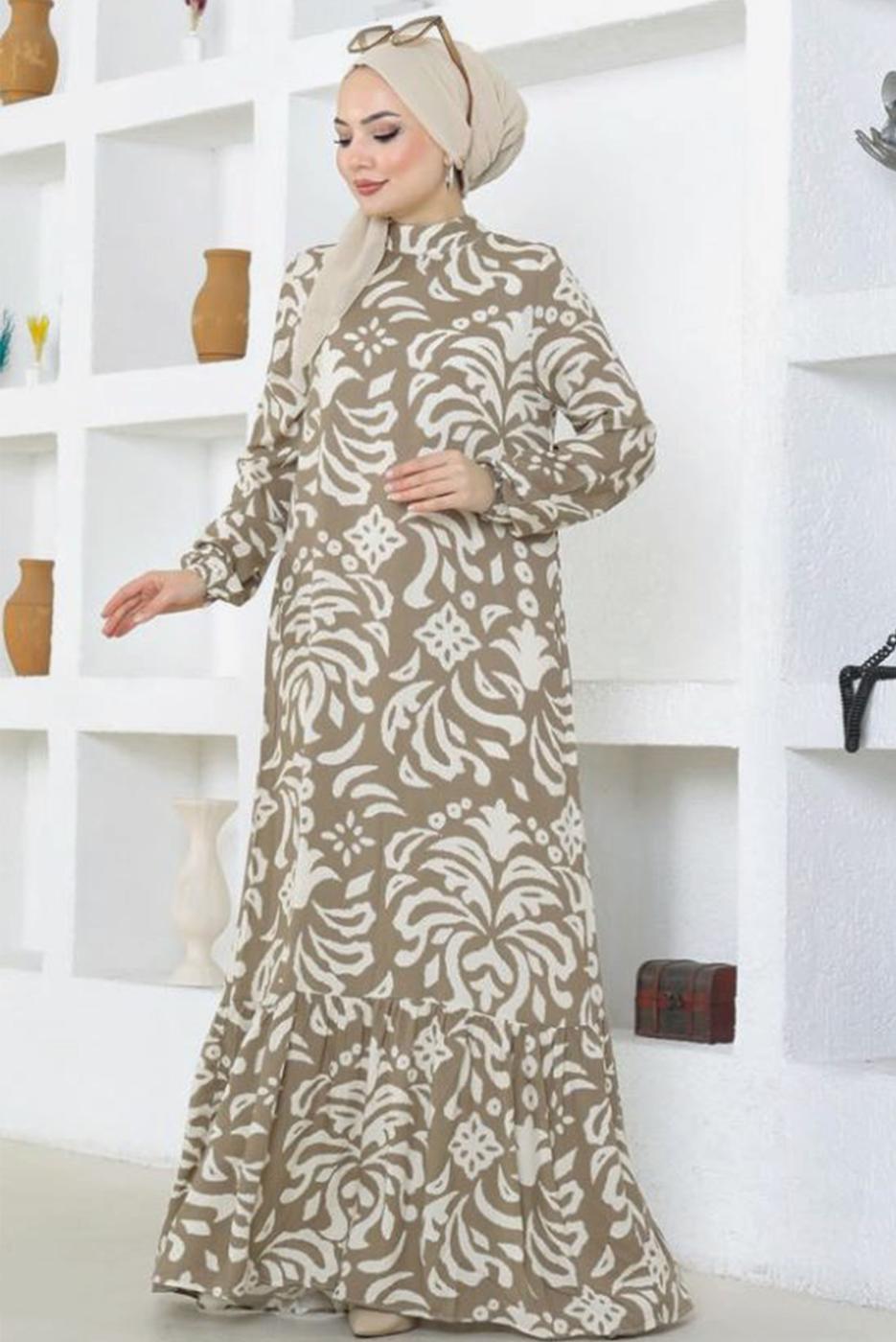 Tesettür giyim VİZON DESENLİ VİSKON ELBİSE T 4651