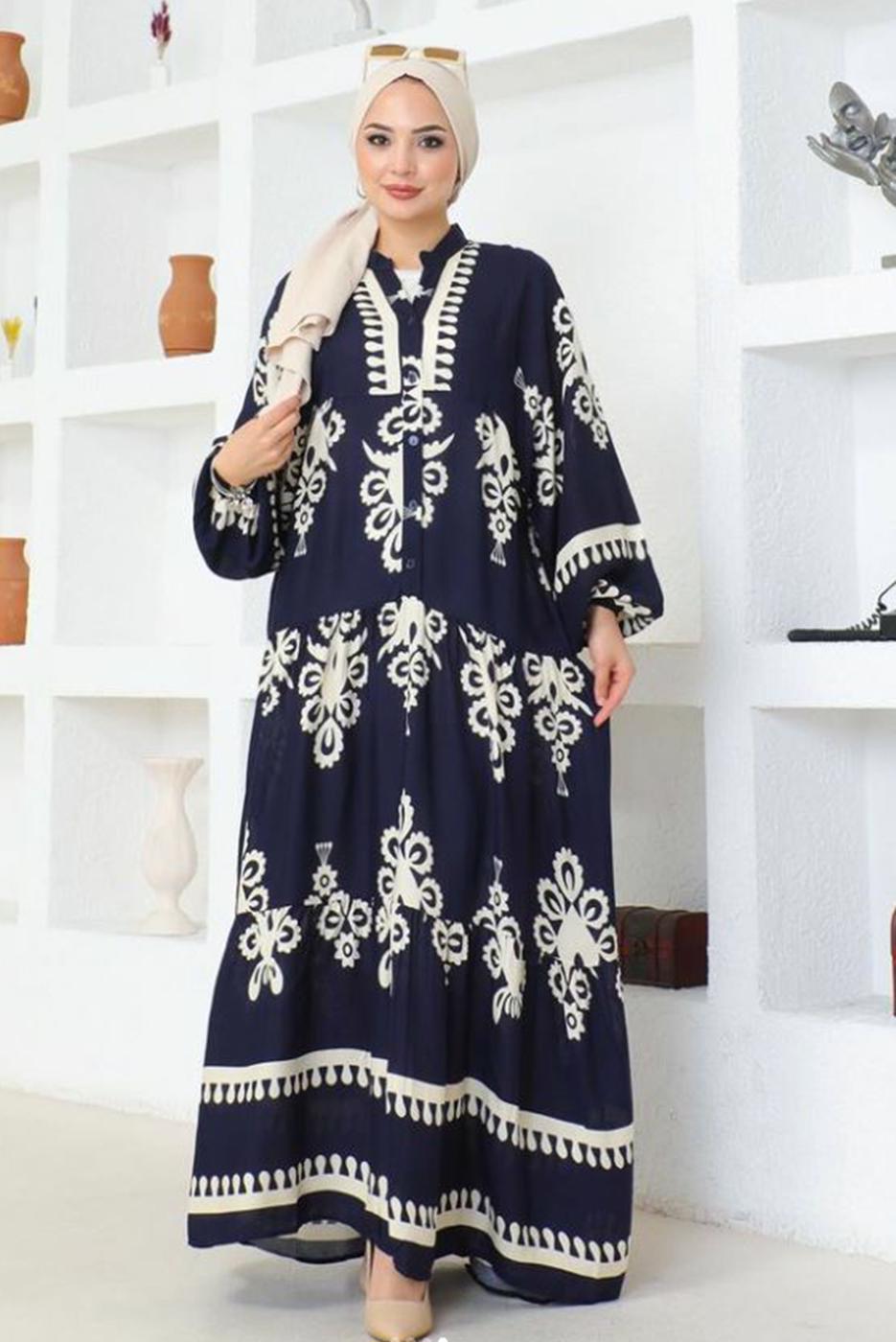 Tesettür giyim LACİVERT DESENLİ VİSKON ELBİSE T 4654