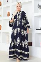 Tesettür giyim LACİVERT DESENLİ VİSKON ELBİSE T 4654