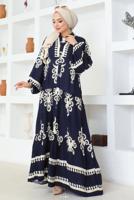 Tesettür giyim LACİVERT DESENLİ VİSKON ELBİSE T 4654