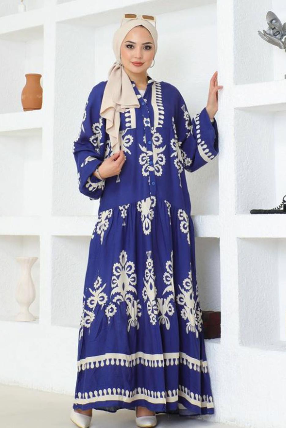 Tesettür giyim LACİVERT DESENLİ VİSKON ELBİSE T 4654