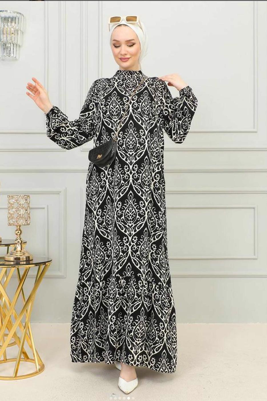 Tesettür giyim SİYAH DESENLİ VİSKON ELBİSE T 4663