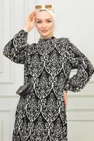 Tesettür giyim SİYAH DESENLİ VİSKON ELBİSE T 4663
