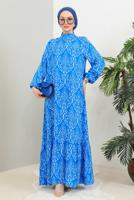 Tesettür giyim LACİVERT DESENLİ VİSKON ELBİSE T 4663