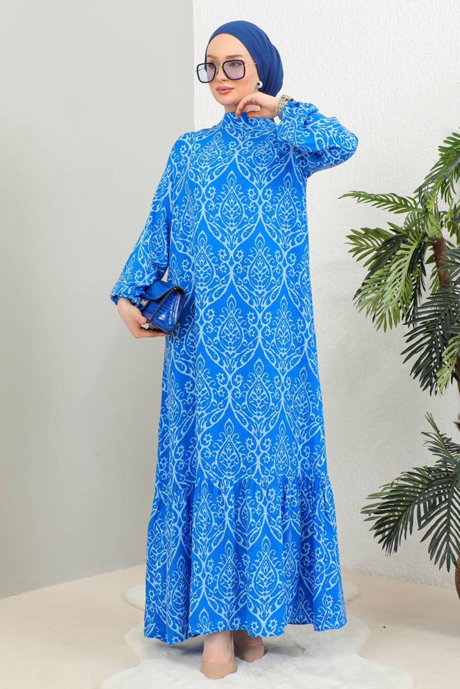Tesettür giyim LACİVERT DESENLİ VİSKON ELBİSE T 4663