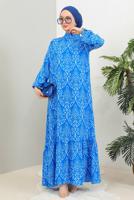 Tesettür giyim LACİVERT DESENLİ VİSKON ELBİSE T 4663