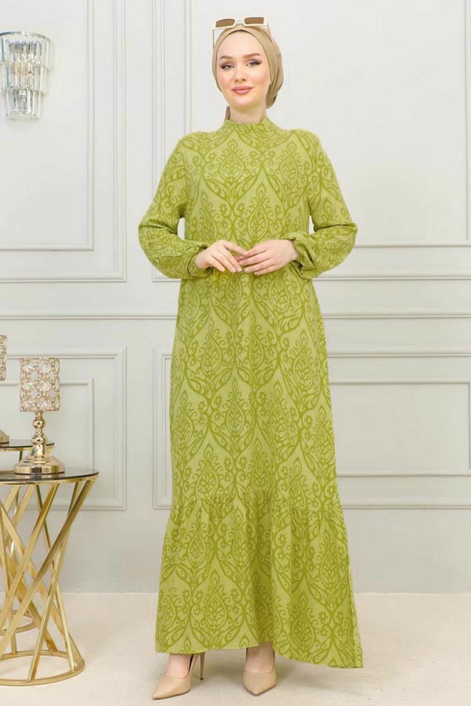Tesettür giyim YEŞİL DESENLİ VİSKON ELBİSE T 4663