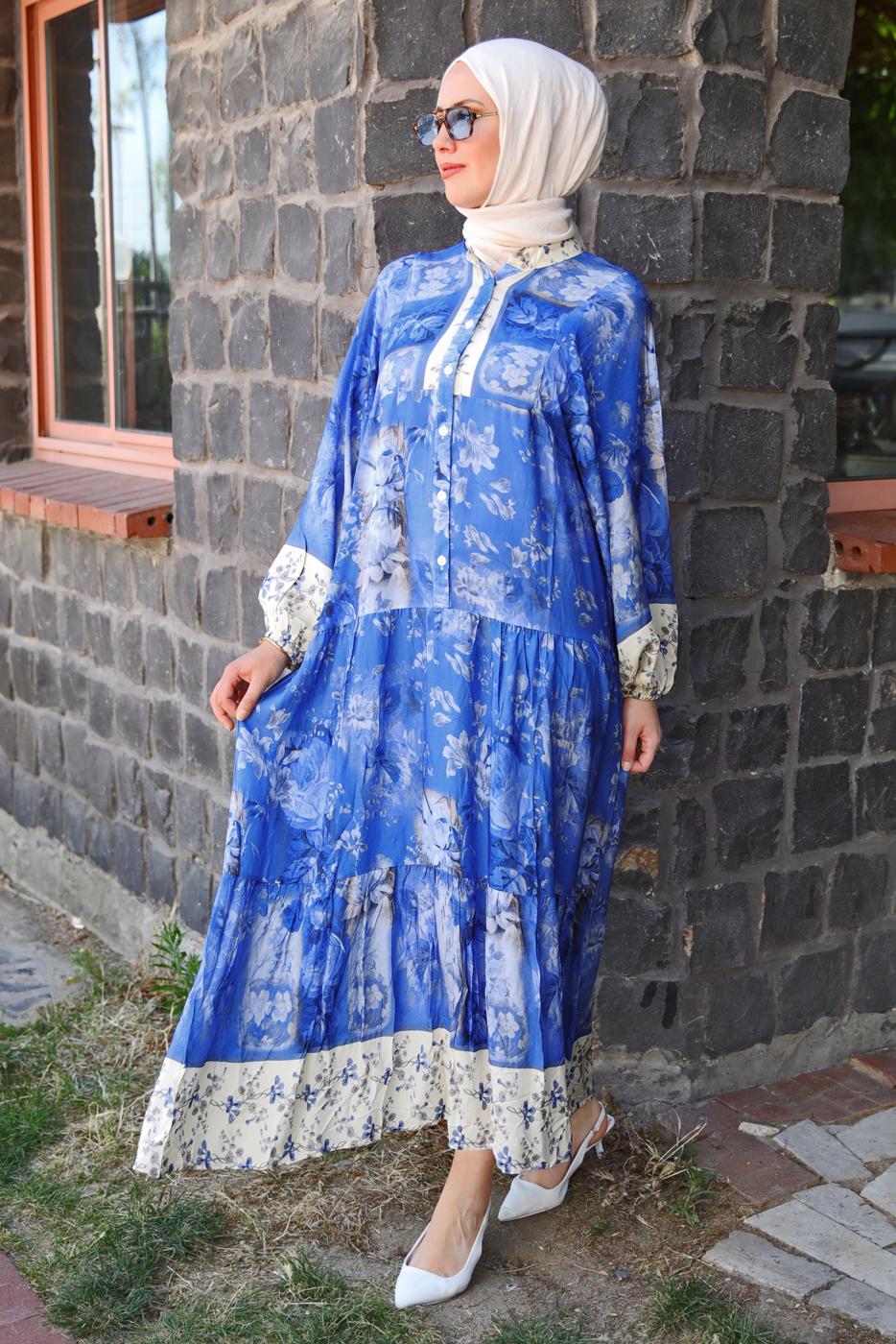 Tesettür giyim MAVİ DESENLİ VİSKON ELBİSE T 4666
