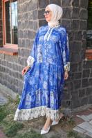 Tesettür giyim MAVİ DESENLİ VİSKON ELBİSE T 4666