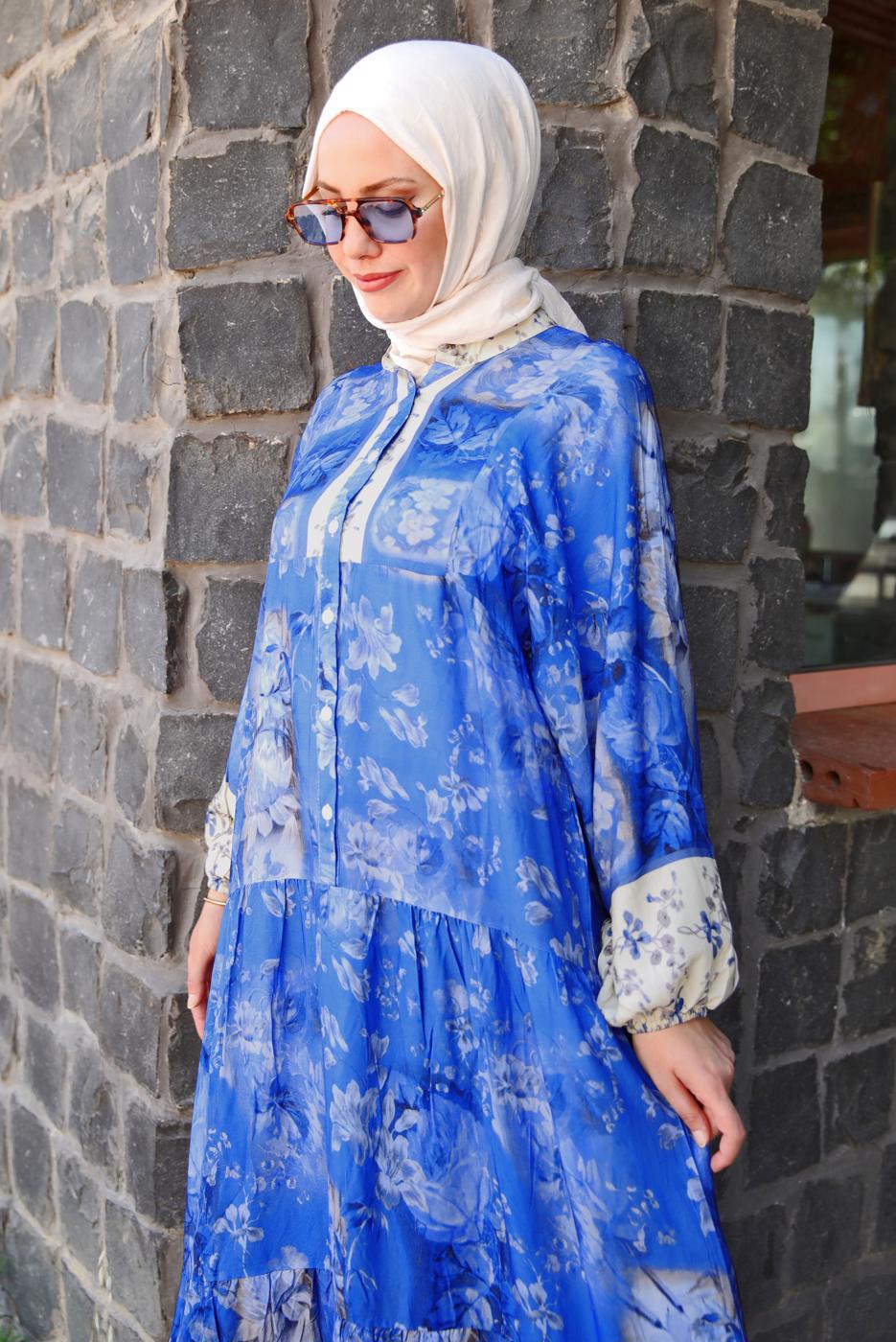 Tesettür giyim MAVİ DESENLİ VİSKON ELBİSE T 4666