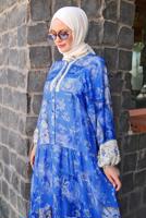 Tesettür giyim MAVİ DESENLİ VİSKON ELBİSE T 4666
