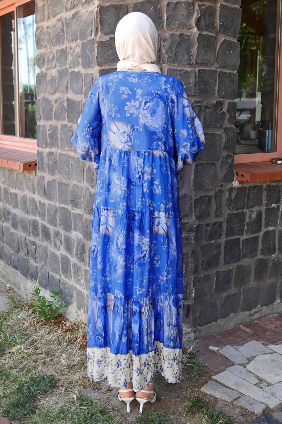 Tesettür giyim MAVİ DESENLİ VİSKON ELBİSE T 4666