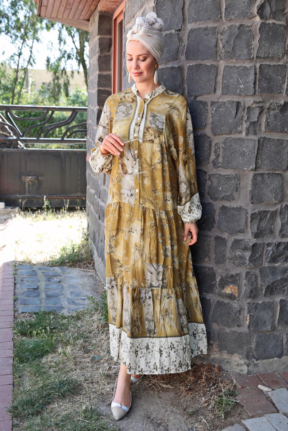 Tesettür giyim VİZON DESENLİ VİSKON ELBİSE T 4666