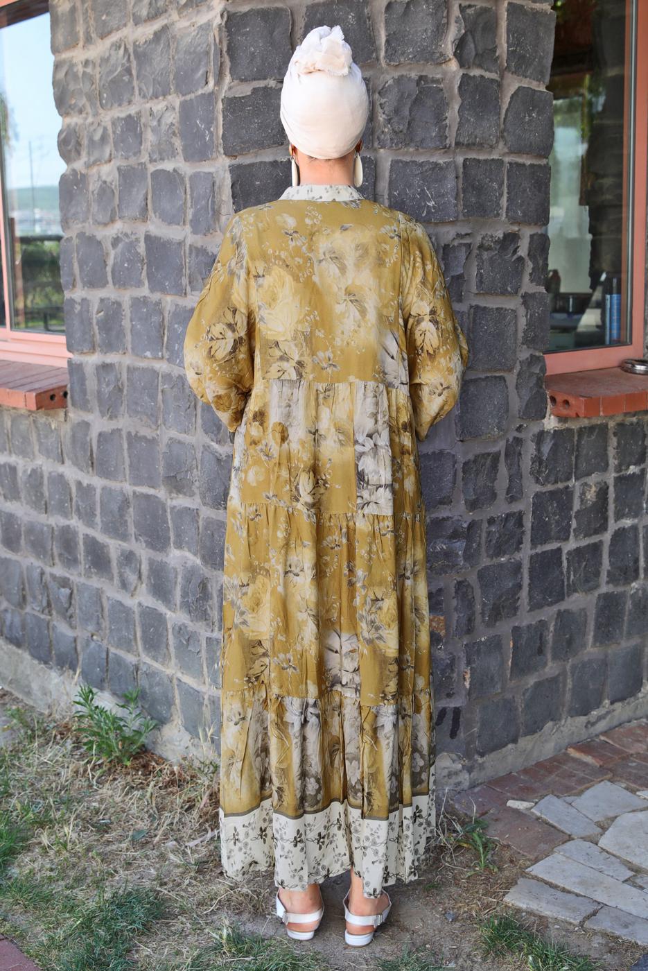 Tesettür giyim VİZON DESENLİ VİSKON ELBİSE T 4666