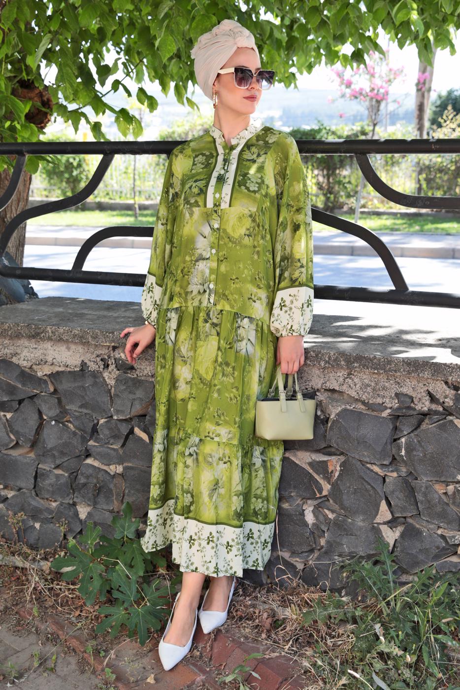 Tesettür giyim YEŞİL DESENLİ VİSKON ELBİSE T 4666