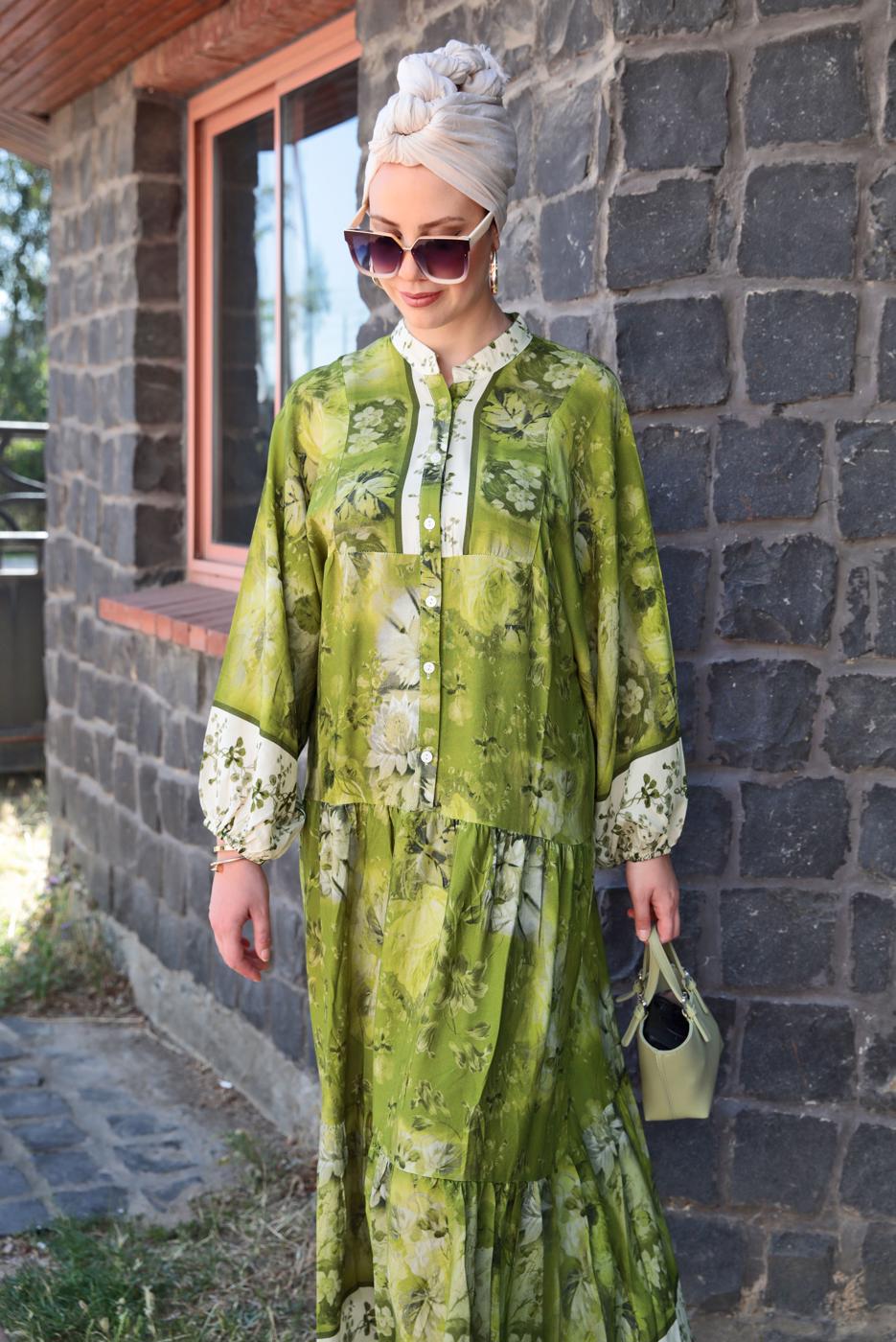 Tesettür giyim YEŞİL DESENLİ VİSKON ELBİSE T 4666