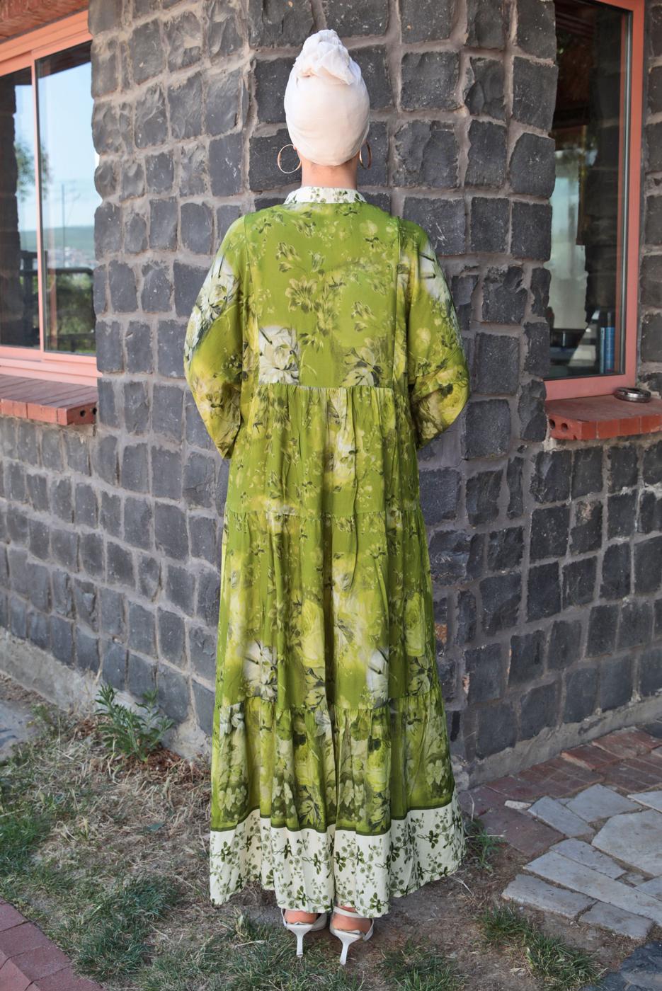 Tesettür giyim YEŞİL DESENLİ VİSKON ELBİSE T 4666