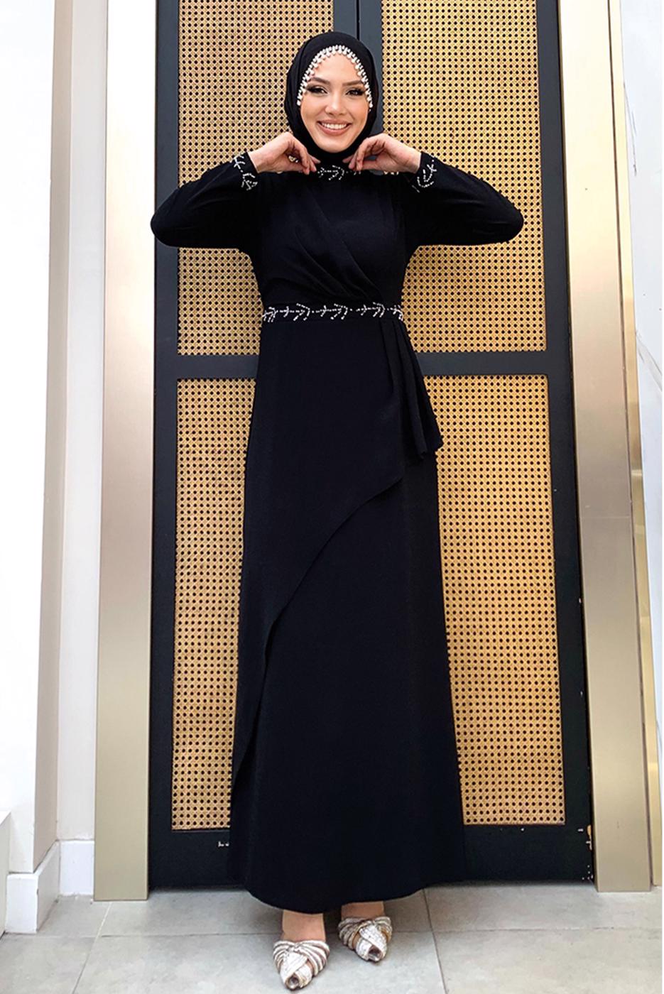 Tesettür giyim SİYAH TAŞ DETAYLI ELBİSE T 4783