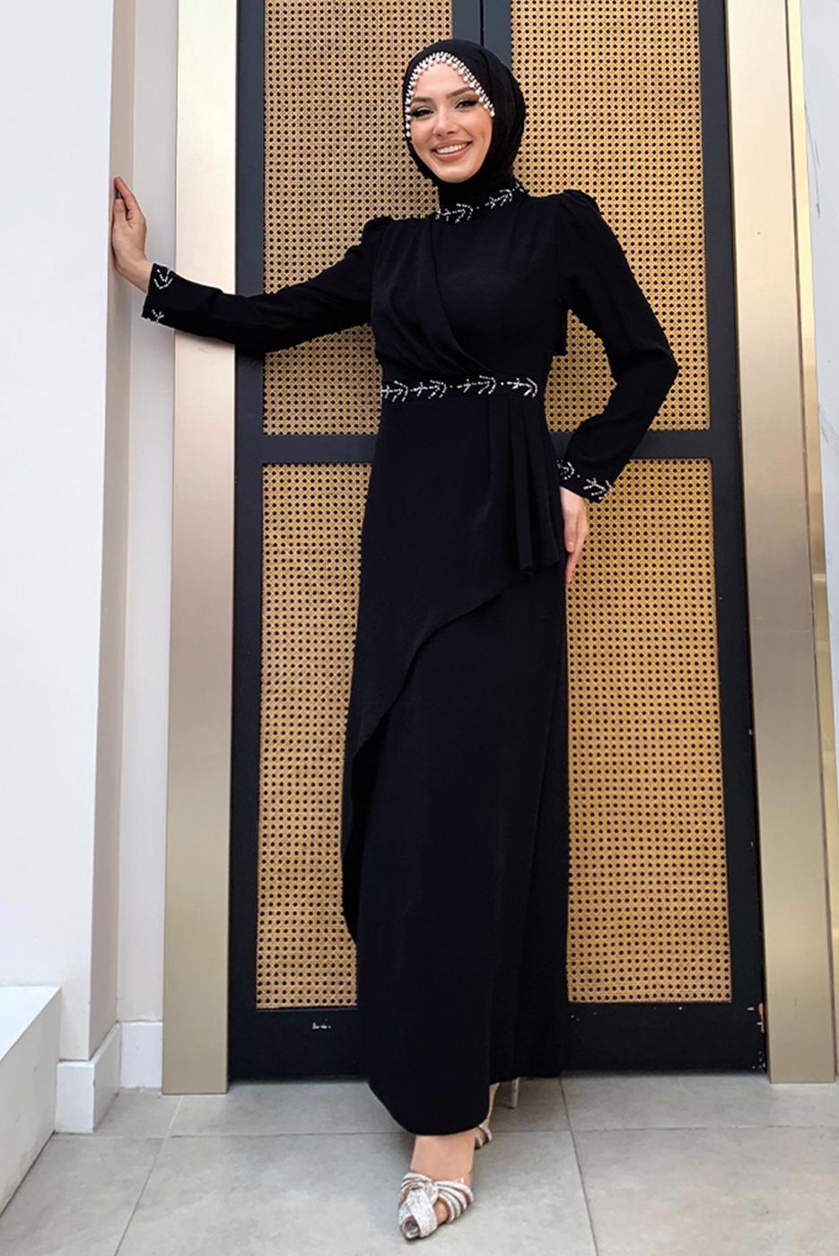 Tesettür giyim SİYAH TAŞ DETAYLI ELBİSE T 4783