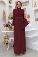 Tesettür giyim BORDO TAŞ DETAYLI ELBİSE T 4783