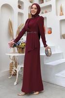 Tesettür giyim BORDO TAŞ DETAYLI ELBİSE T 4783