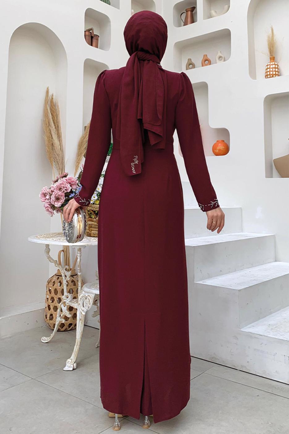 Tesettür giyim BORDO TAŞ DETAYLI ELBİSE T 4783