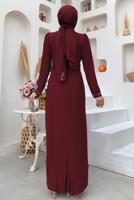 Tesettür giyim BORDO TAŞ DETAYLI ELBİSE T 4783
