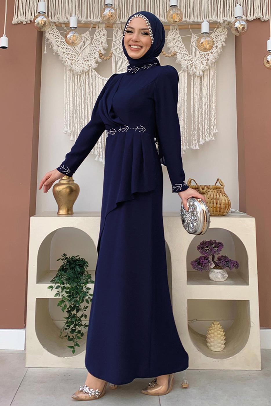Tesettür giyim LACİVERT TAŞ DETAYLI ELBİSE T 4783