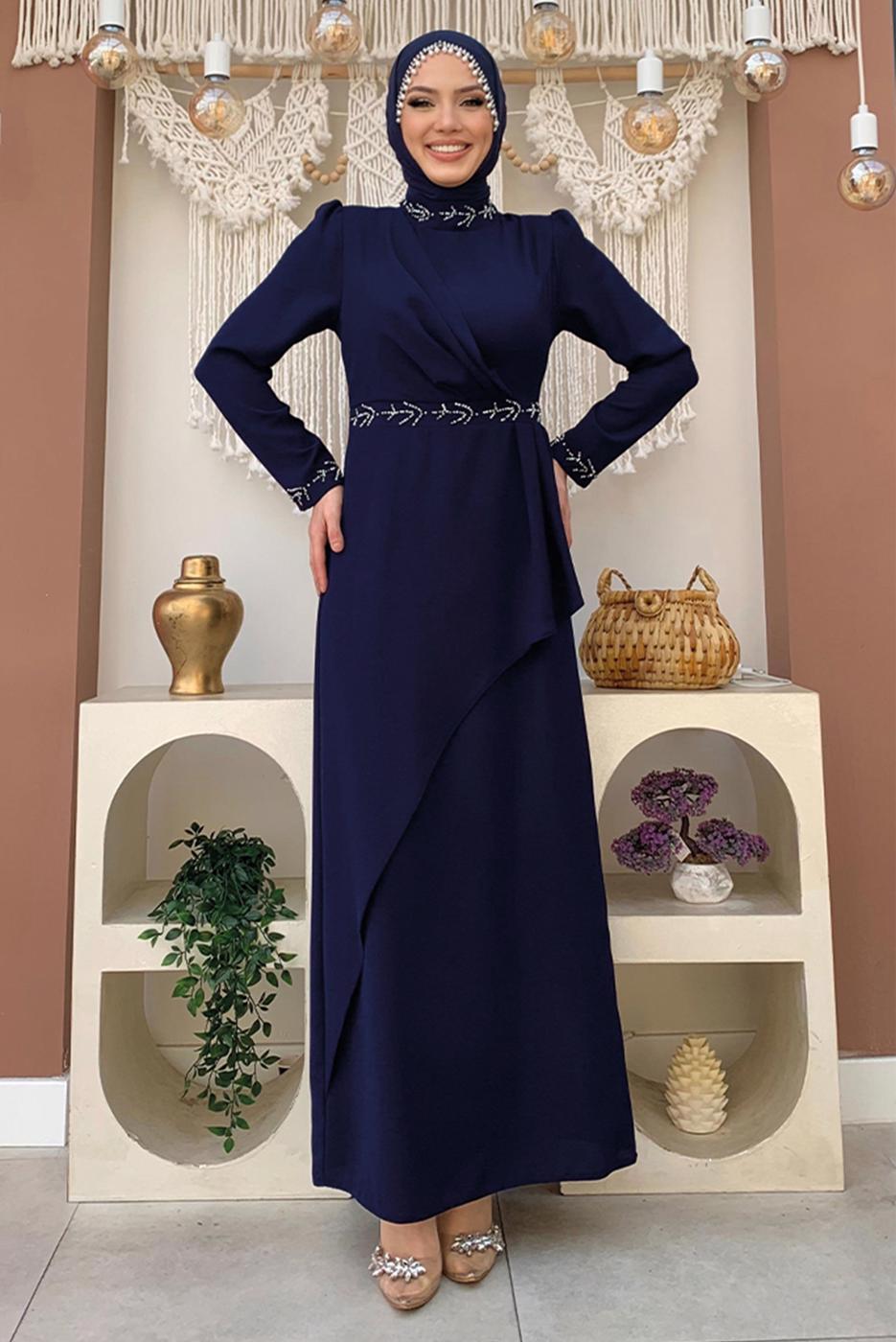 Tesettür giyim LACİVERT TAŞ DETAYLI ELBİSE T 4783