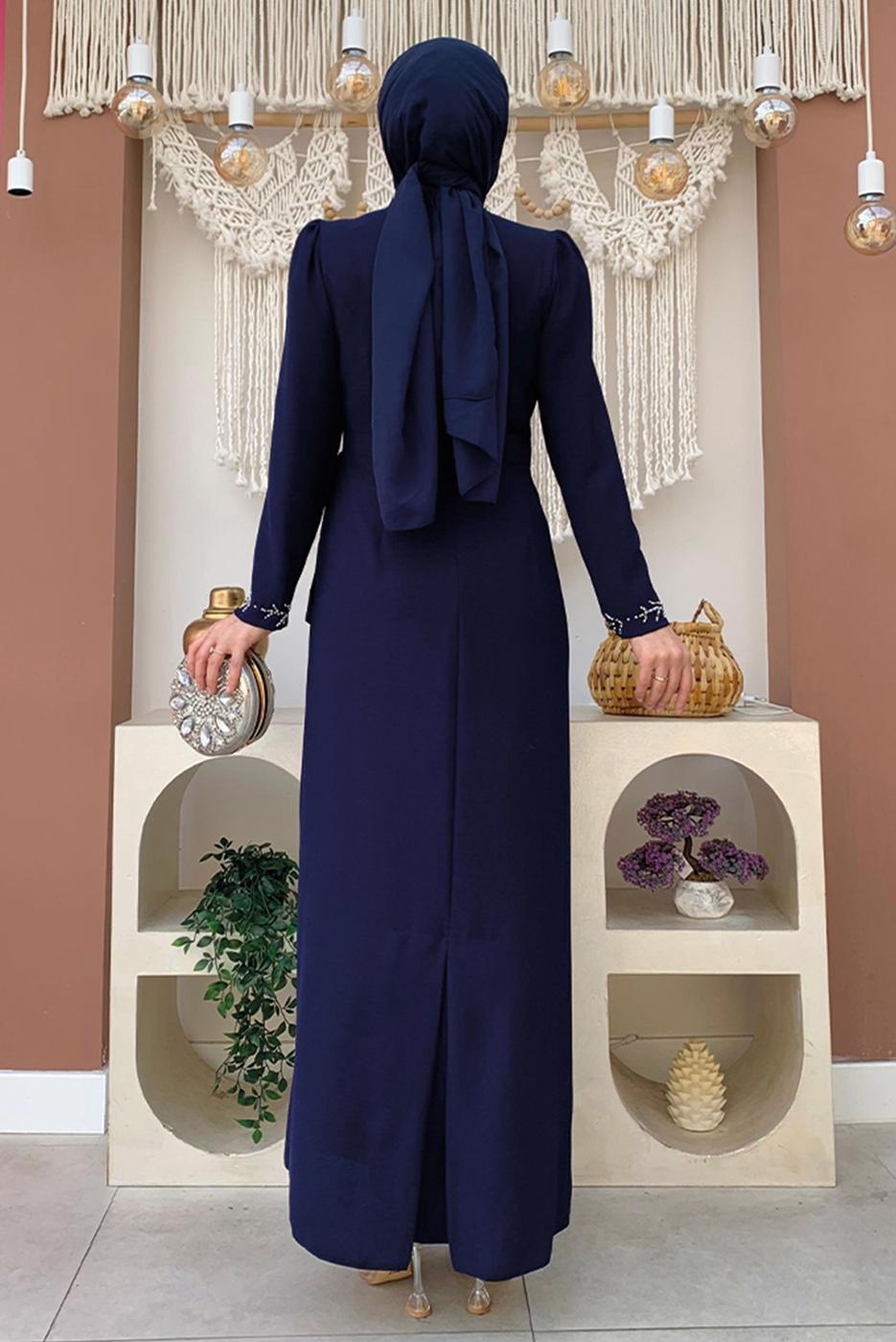 Tesettür giyim LACİVERT TAŞ DETAYLI ELBİSE T 4783