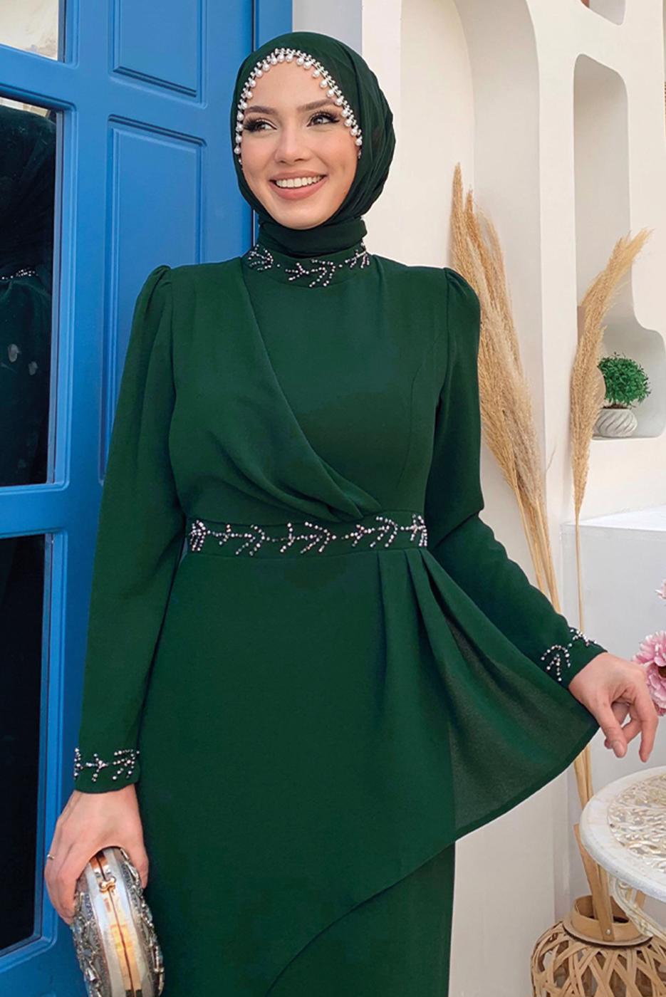 Tesettür giyim YEŞİL TAŞ DETAYLI ELBİSE T 4783