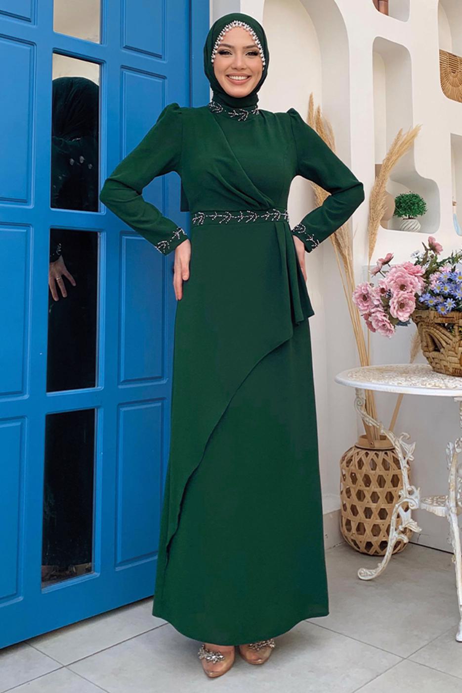 Tesettür giyim YEŞİL TAŞ DETAYLI ELBİSE T 4783