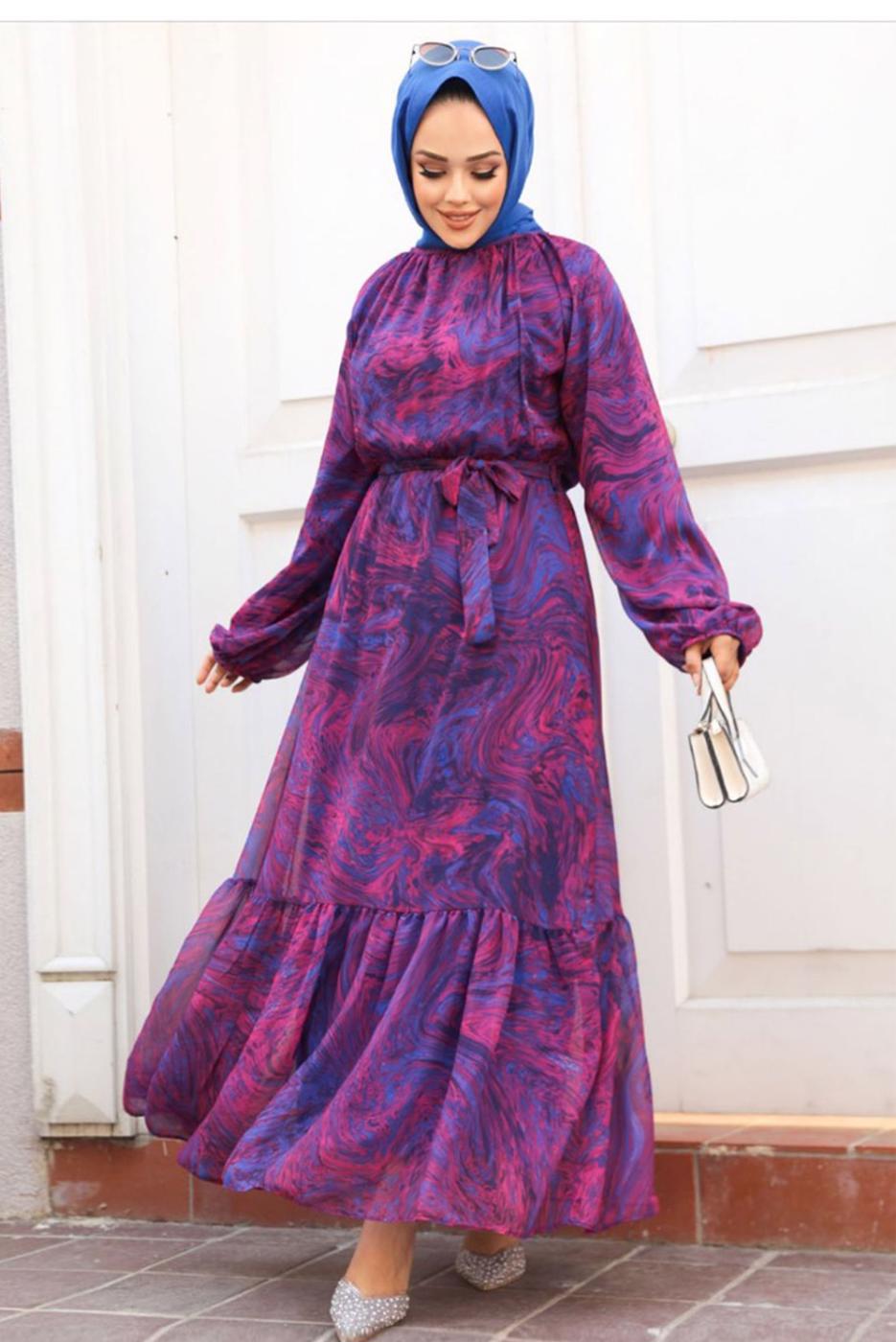 Tesettür giyim FUŞYA KUŞAKLI TESETTÜR ELBİSE T 4906