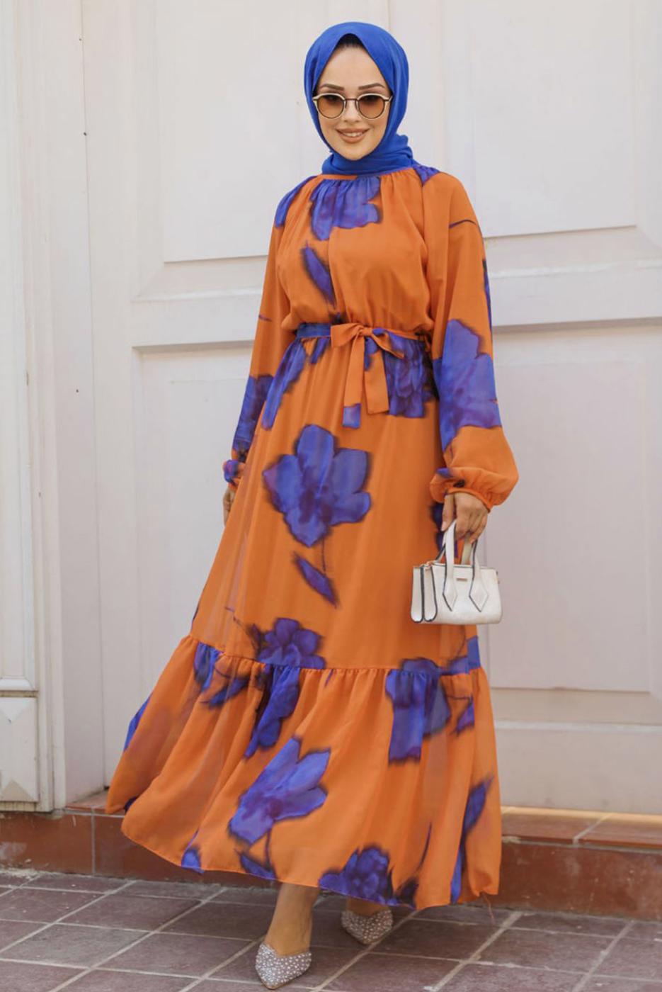 Tesettür giyim TURUNCU KUŞAKLI TESETTÜR ELBİSE T 4906-1