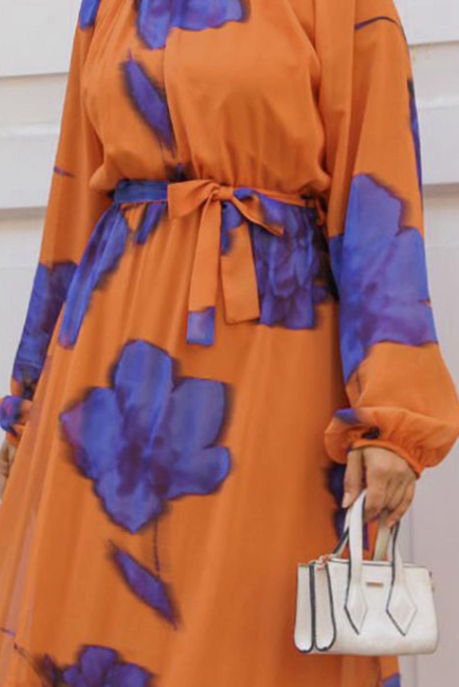 Tesettür giyim TURUNCU KUŞAKLI TESETTÜR ELBİSE T 4906-1