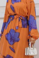 Tesettür giyim TURUNCU KUŞAKLI TESETTÜR ELBİSE T 4906-1