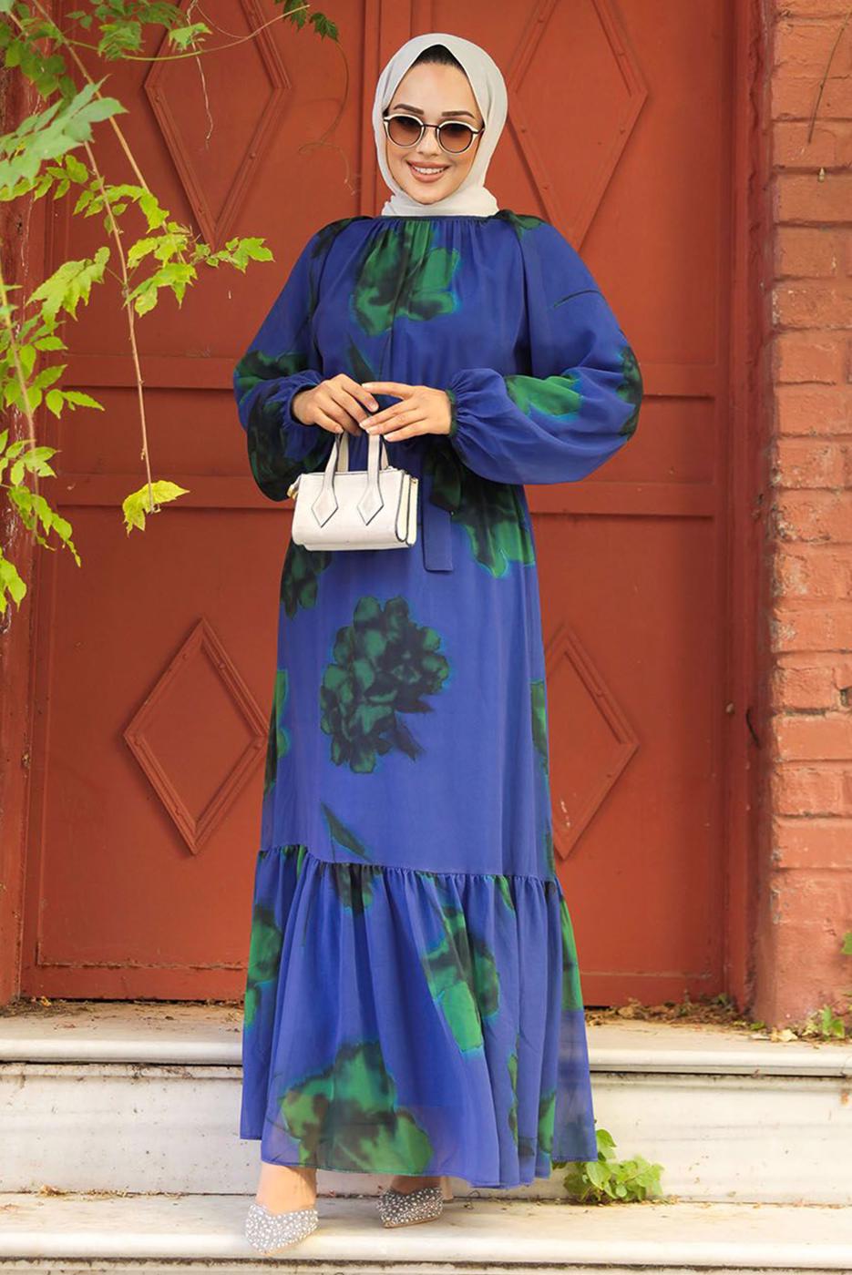 Tesettür giyim LACİVERT KUŞAKLI TESETTÜR ELBİSE T 4906-1