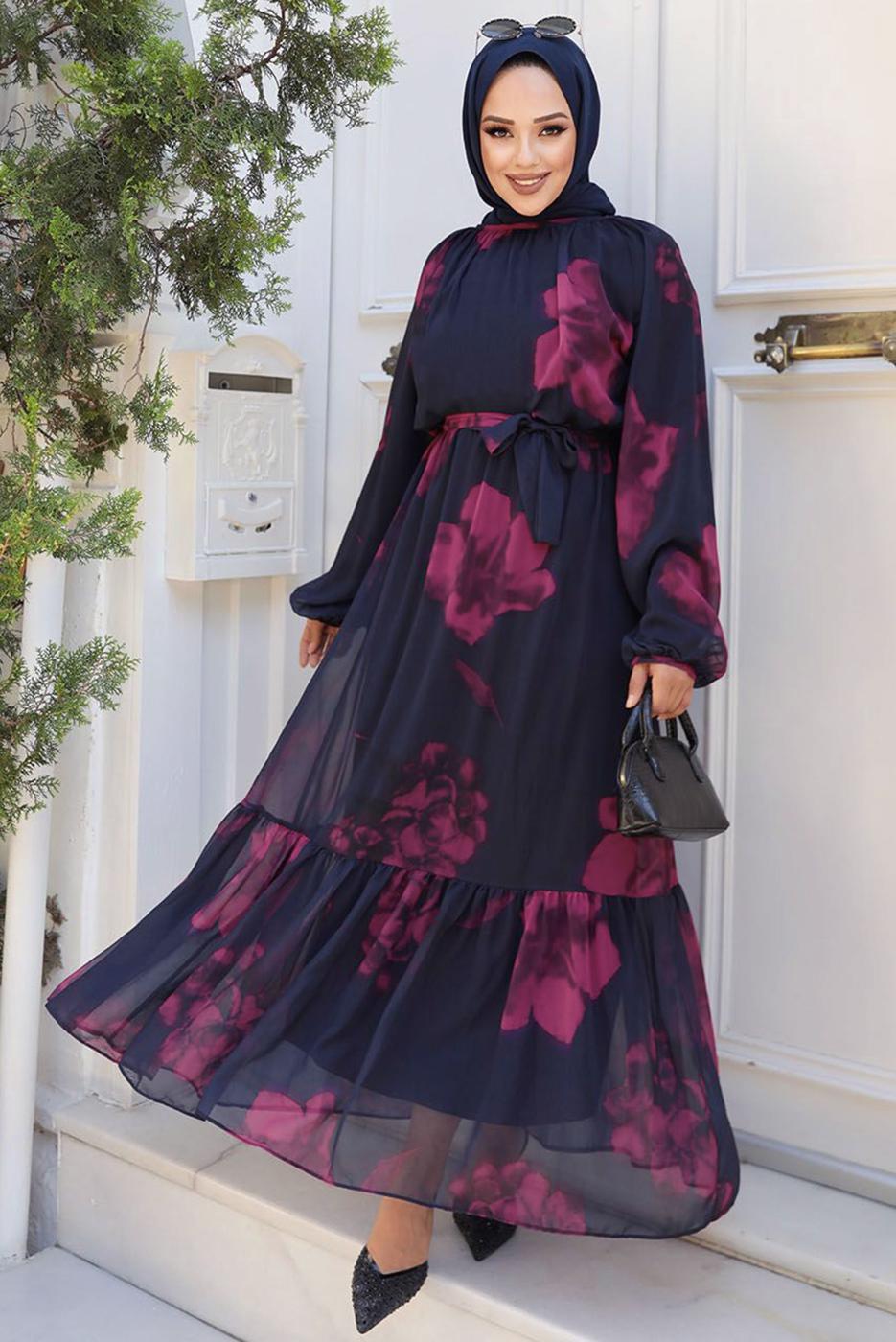 Tesettür giyim LACİVERT KUŞAKLI TESETTÜR ELBİSE T 4906-1