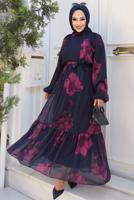 Tesettür giyim LACİVERT KUŞAKLI TESETTÜR ELBİSE T 4906-1