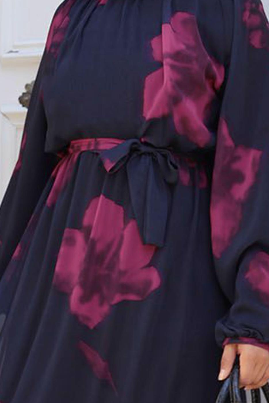 Tesettür giyim LACİVERT KUŞAKLI TESETTÜR ELBİSE T 4906-1